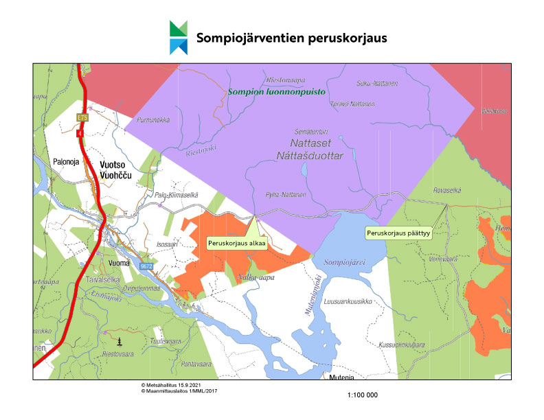 Karttakuva Sompiojärven tiestä. Kuvaan merkattu peruskorjauksen alkamispaikka ja päättymispaikka.