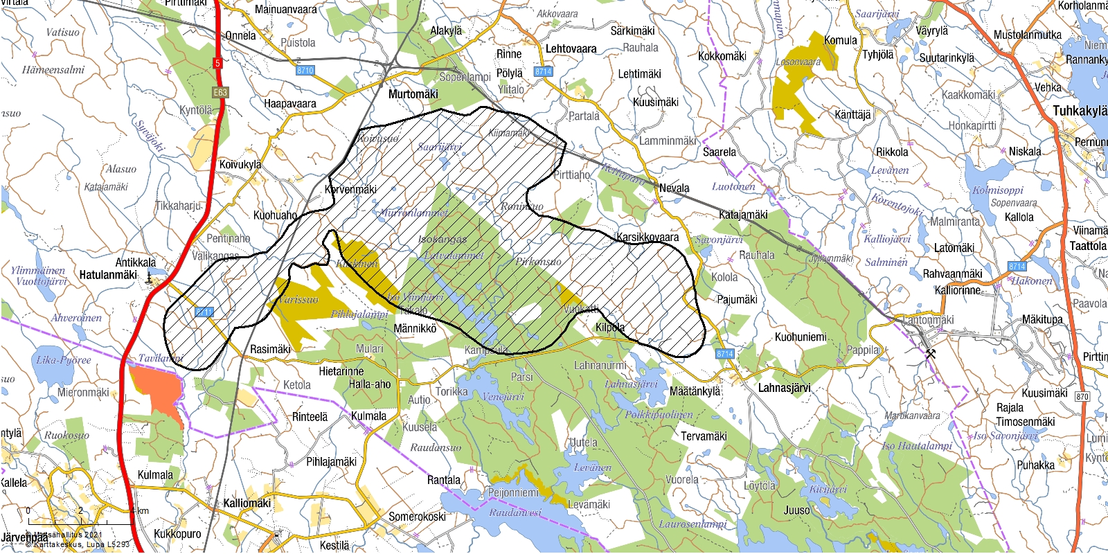 Kajaanin Kivikankaan tuulivoimapuiston hankerajaus kartalla