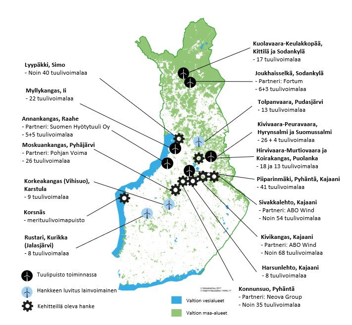Metsähallituksen tuulivoimakohteet kartalla