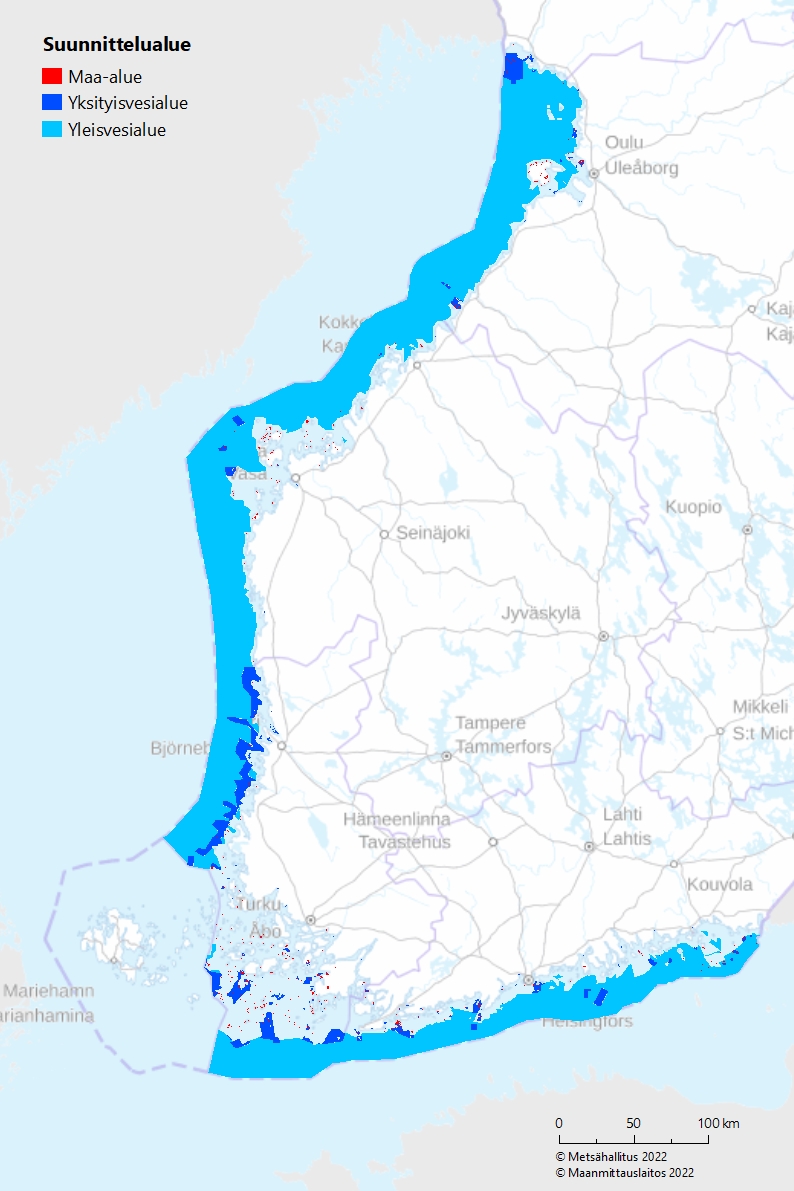 Kartta, jolle on merkitty yleiset vesialueet ja yksityiset vesialueet Suomen rannikolla.