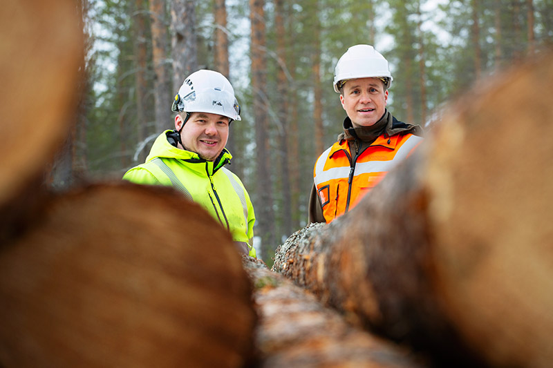 Kaksi kypäräpäistä heijastinliiveihin pukeutunutta miestä seisoo tukkipinon takana.