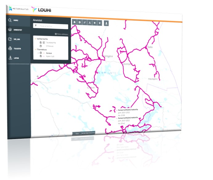 Louhi -sovellusnäkymä, julkinen tilannekuva tienpidon työlajeista