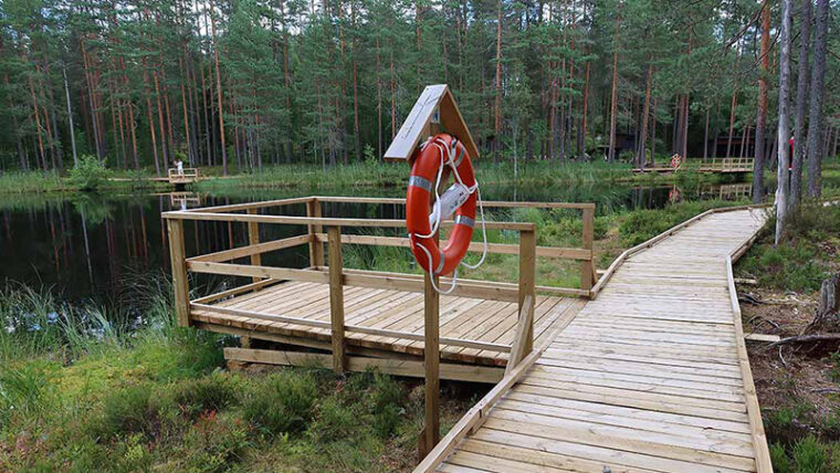 Lankuista tehty kulkutie ja kaiteilla varustettuja laitureita järven rannan ympärillä, taustalla mäntymetsää.