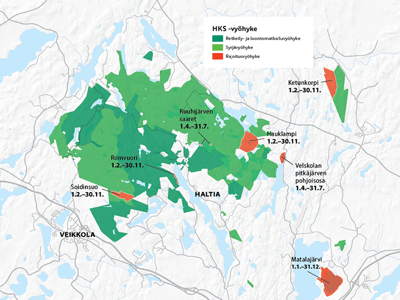 Kartta, jossa merkitty Nuuksion HKS-vyöhykkeet.