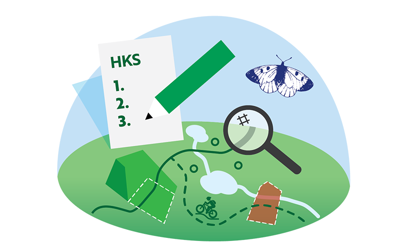 Kuvitus, jossa paperi, jossa lukee: HKS 1, 2, 3. Kynä, perhonen, suurennuslasi sekä karttapohja.