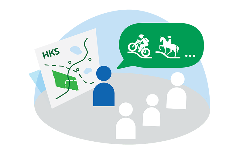 Kuvitus, jossa ihmisiä esittäviä hahmoja kokoontuneena keskustelemaan ratsastuksesta ja pyöräilystä. Taustalla piirros kartasta, jossa lukee HKS.