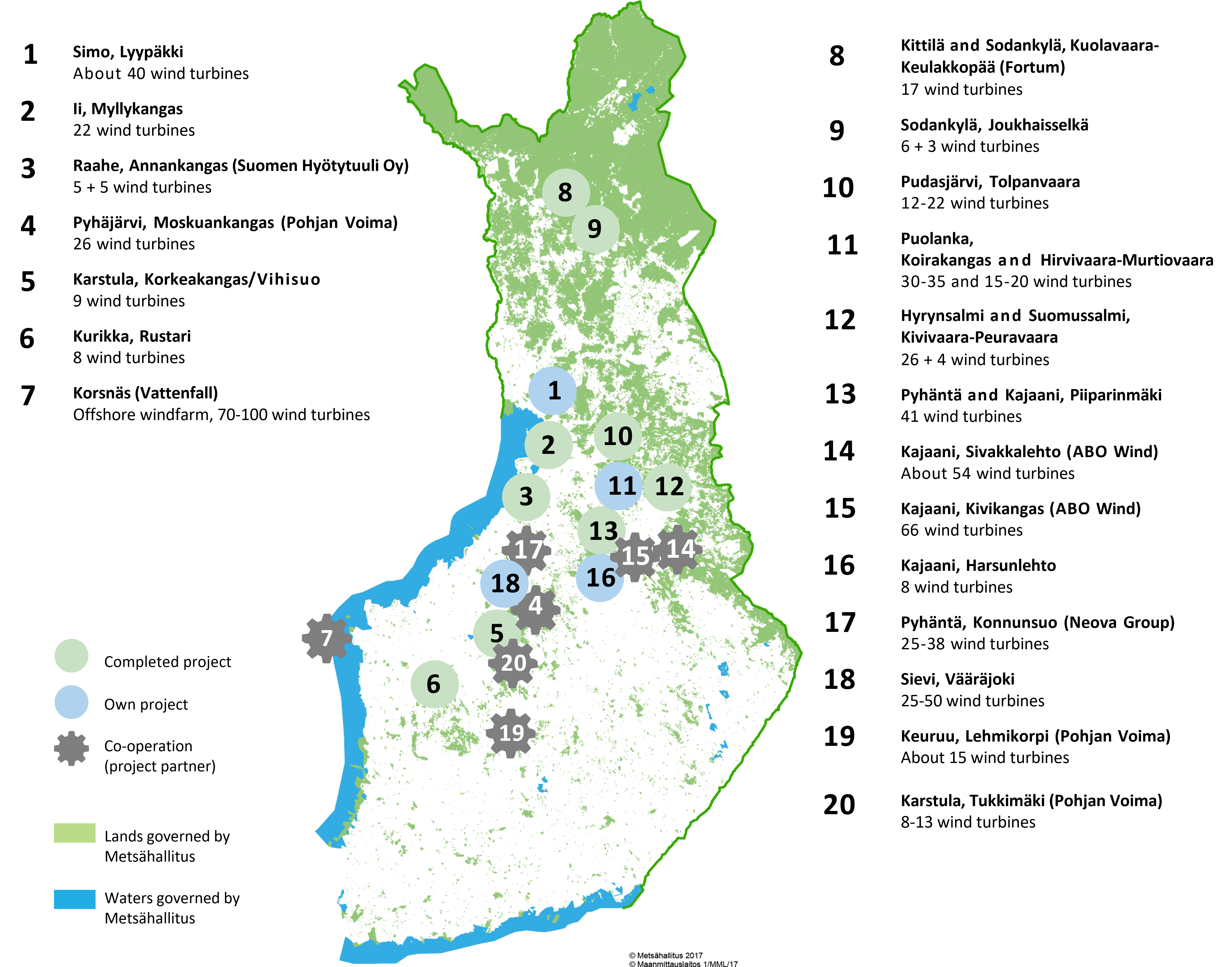 Metsähallitus wind power sites on the map. The same information can also be found in the text.