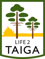 LIFE2-Taiga-hankkeen tunnus, piirroksessa kaksi puuta ja niiden takana maassa etenevä tulen liekki.