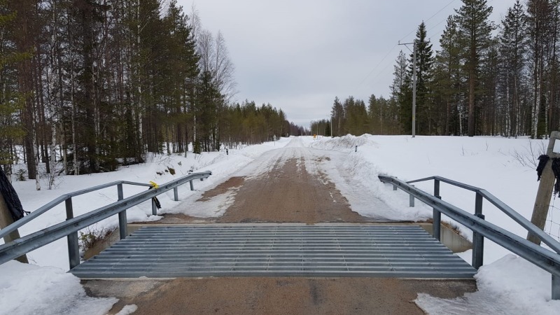 Kuvassa autotie ja silta, jossa on uusittu siltakansi. Sillan kannessa on rakoja, jotka estävät peurojen sillan ylityksen.