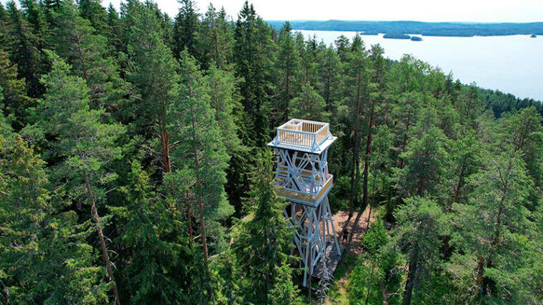 Puusta tehty torni, jossa portaat avoimen tornirakenteen sisällä ja ylimmäisenä avoin katselulava. Torni on mäntymetsän keskellä korkealla paikalla, taustalla järvi.