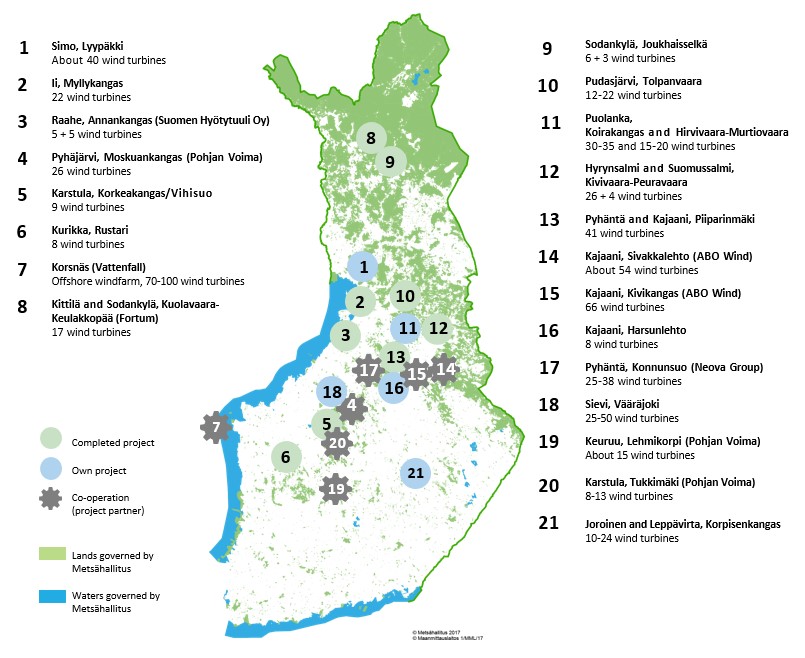 Metsähallitus` wind power projects on the map. Information is also in the text.