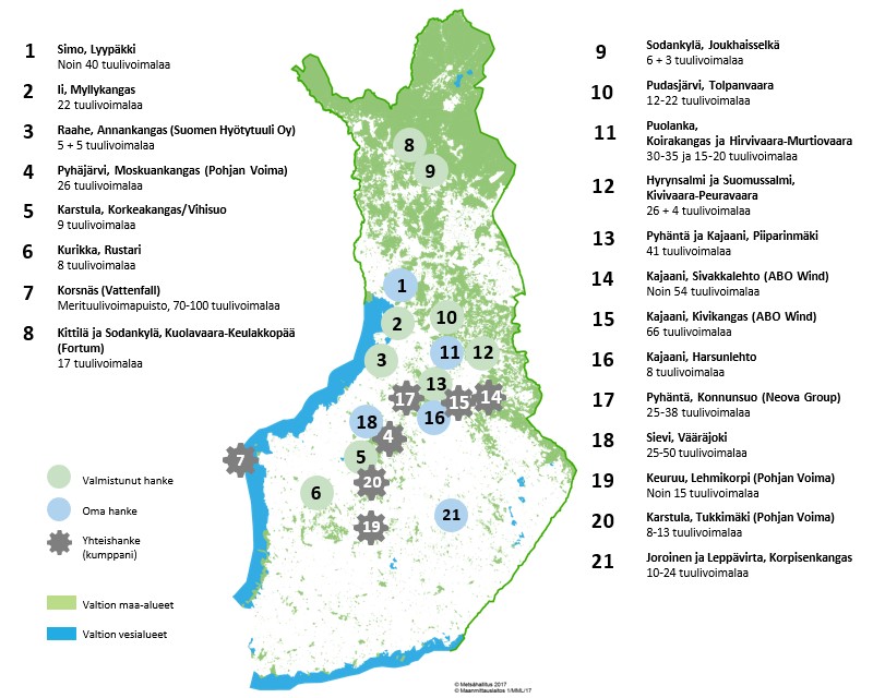 Metsäöhallituksen omat- ja yhteistyöhankket kartalla. Tieto löytyy myös tekstistä.