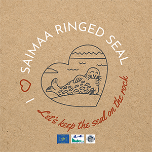 A drawing of a seal lying on a rock, with a text saimaa ringed seal, let´s keep the seal on the rock.