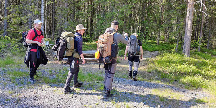 Ihmisiä menossa polkua metsään reput selässä kesällä.