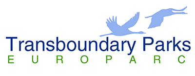 Logo with text Transboundary Parks Europarc and drawing of two flying swans.