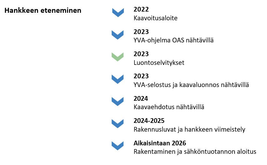 2022 Kaavoitusaloite 2023 YVA-ohjelma OAS nähtävillä 2023 Luontoselvitykset 2023 YVA-selostus ja kaavaluonnos nähtävillä 2024 Kaavaehdotus nähtävillä 2024-2025 Rakennusluvat ja hankkeen viimeistely Aikaisintaan 2026 Rakentaminen ja sähköntuotannon aloitus