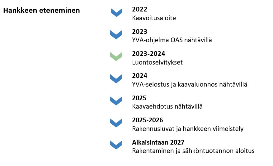 2022 Kaavoitusaloite 2023 YVA-ohjelma OAS nähtävillä 2023-2024 Luontoselvitykset 2024 YVA-selostus ja kaavaluonnos nähtävillä 2025 Kaavaehdotus nähtävillä 2025-2026 Rakennusluvat ja hankkeen viimeistely Aikaisintaan 2027 Rakentaminen ja sähköntuotannon aloitus