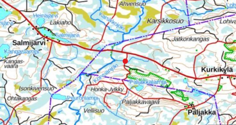 Kartta sillankorjausalueesta Suomussalmen luoteispuolella.