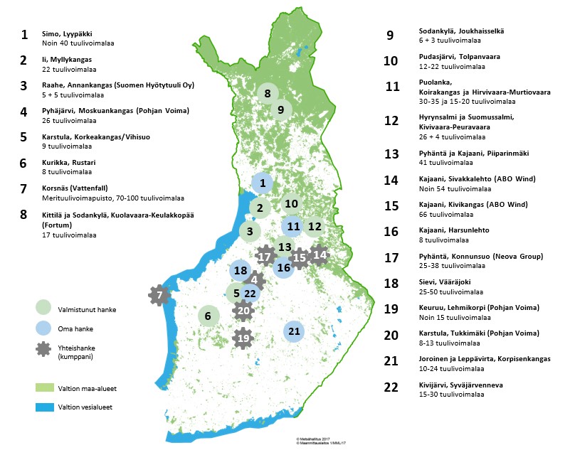 Metsähallituksen omat ja yhteishankkeet kartalla.