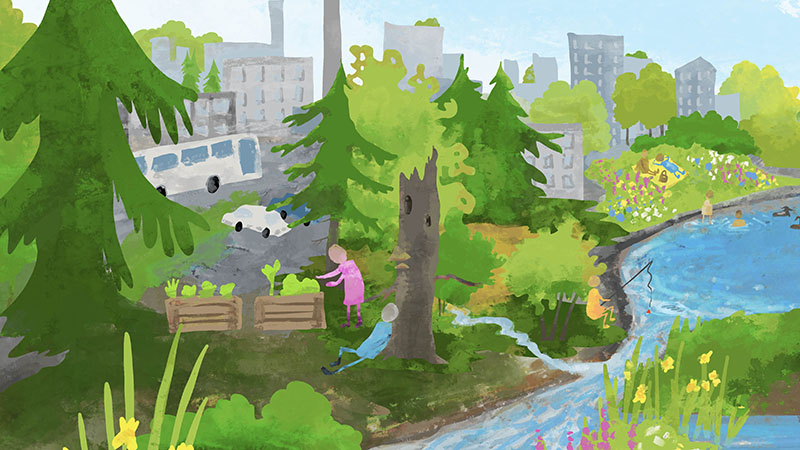 Maalauksessa on etualalla joki ja taaempana kerrostaloja. Ihmisiä makailee viltillä joen varrella, osa on uimassa, yksi onkii ja osa hoitaa kasvilaatikoissa kasvavia kasveja. Joen varressa on erilaisia puita ja pökkelö sekä paljon kukkia.