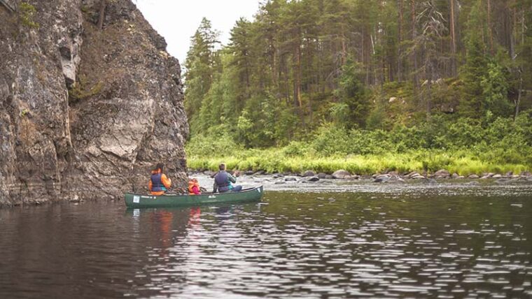 Melojia kesäisellä joella. Taustalla jyrkkä kallioseinämä ja metsää.