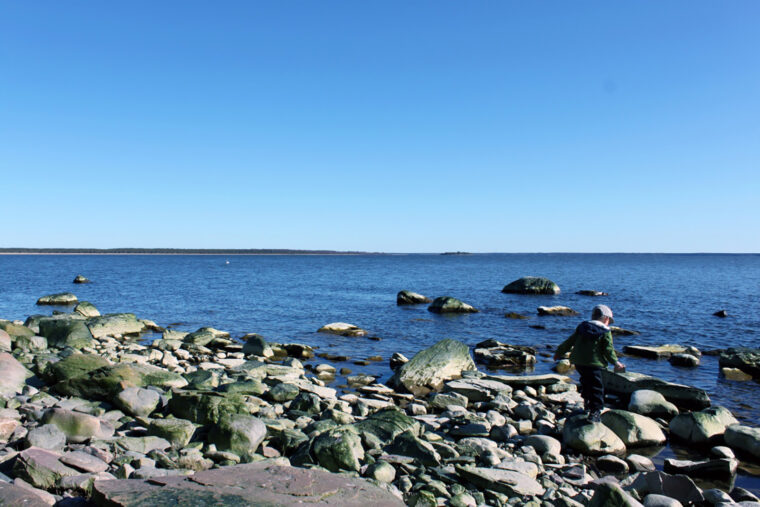 Meren rannalla on kivikko, jossa lapsi k&auml;velee.