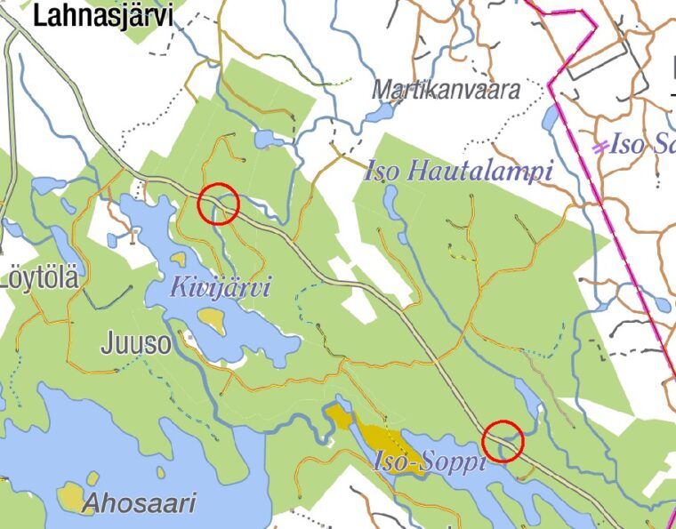 Karttakuva Kajaanin siltatyömaiden sijainnista.