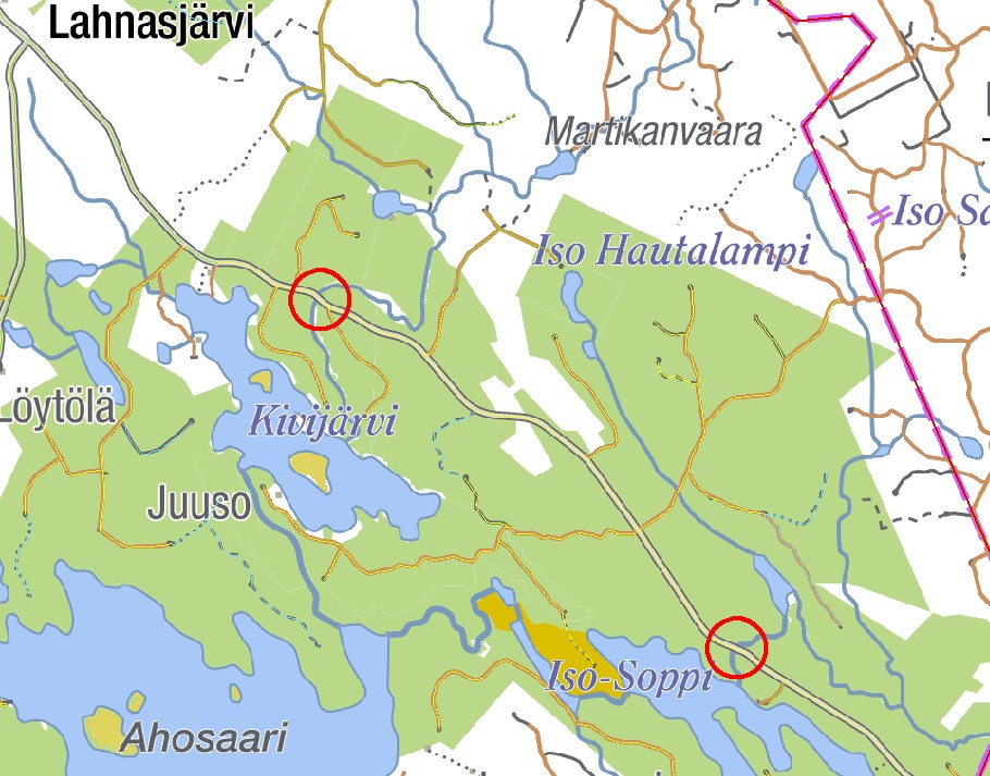 Karttakuva Kajaanin siltatyömaiden sijainnista.