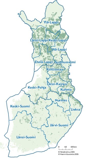 Suomen kartta jossa esitettynä rajoina 15 metsätalouden tiimiä ja niiden nimet. Taustakartalla näkyvissä myös metsätalouden maat.