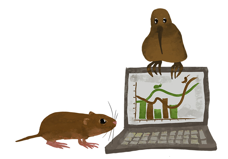 A long-beaked bird is sitting on top of a laptop screen, and a small vole is standing next to the computer. The screen displays a graph showing population changes of two animals.