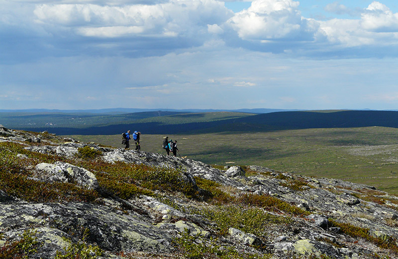 En grupp vandrare går nerför fjällsluttningen.