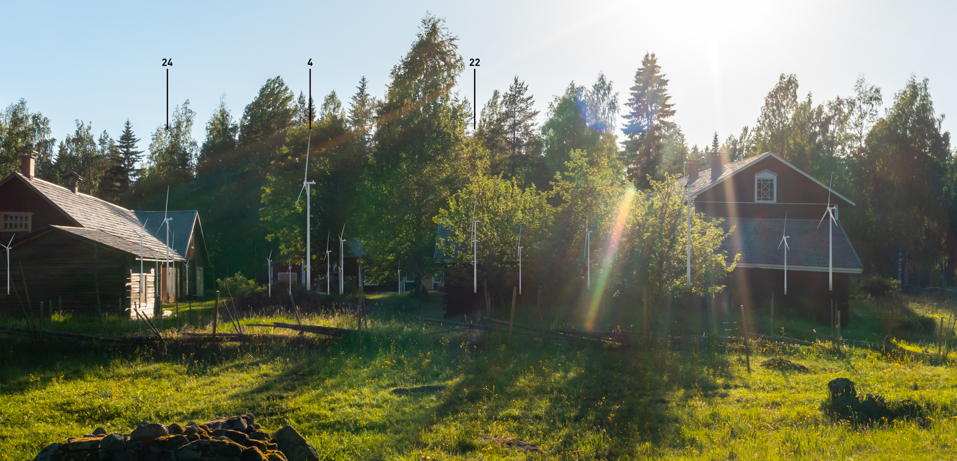 Havainnekuva tuulivoimaloiden näkymisestä Koveron perinnetilalle.