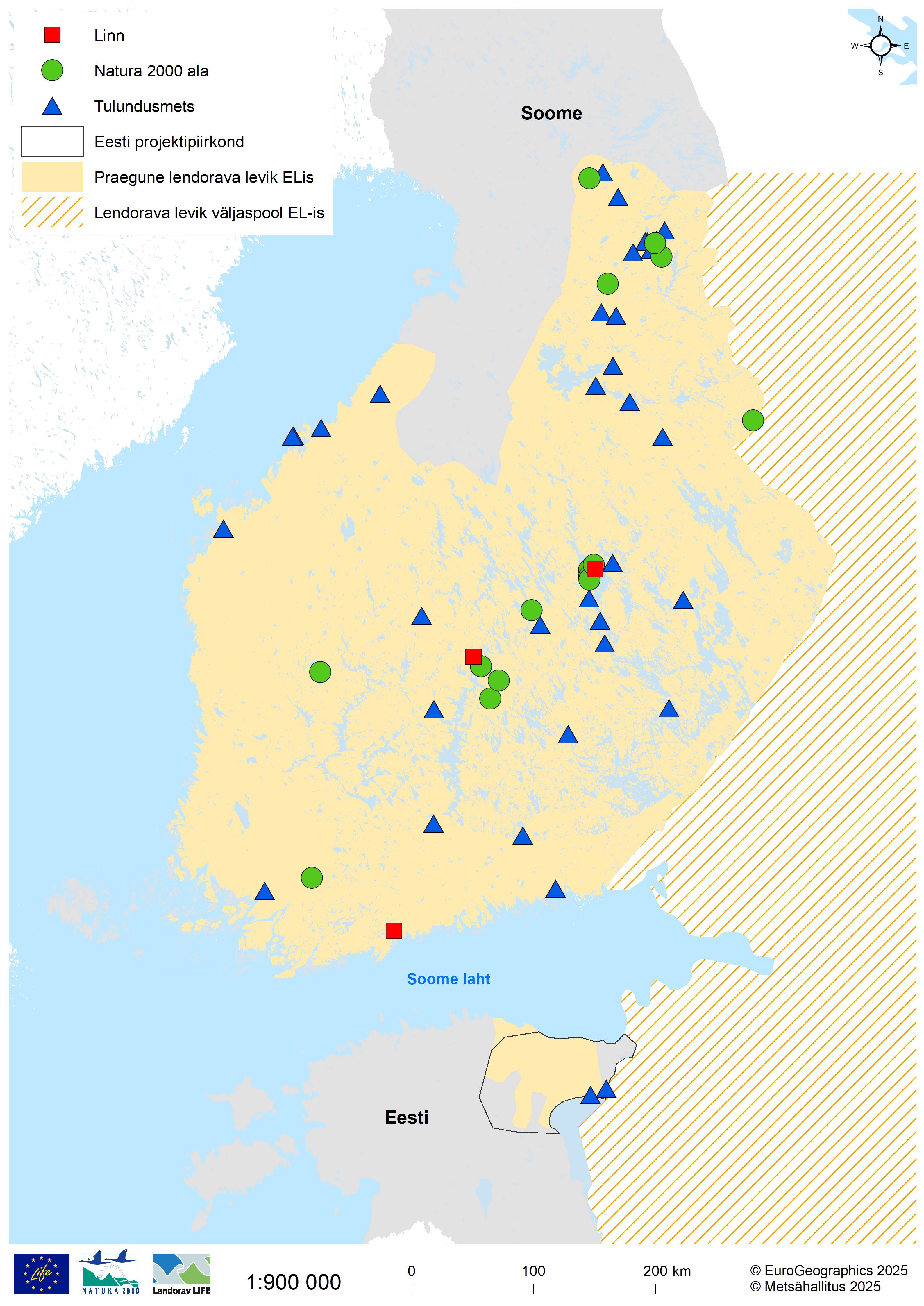 Karttaan on merkitty liito-oravahankkeen yli 50 kohdetta sekä esiintymisalueet. Suomessa lajia on lännessä Pohjois-Pohjanmaan etelärajalle ja idässä Kainuun ja Koillismaan rajalle, virossa koillisessa.