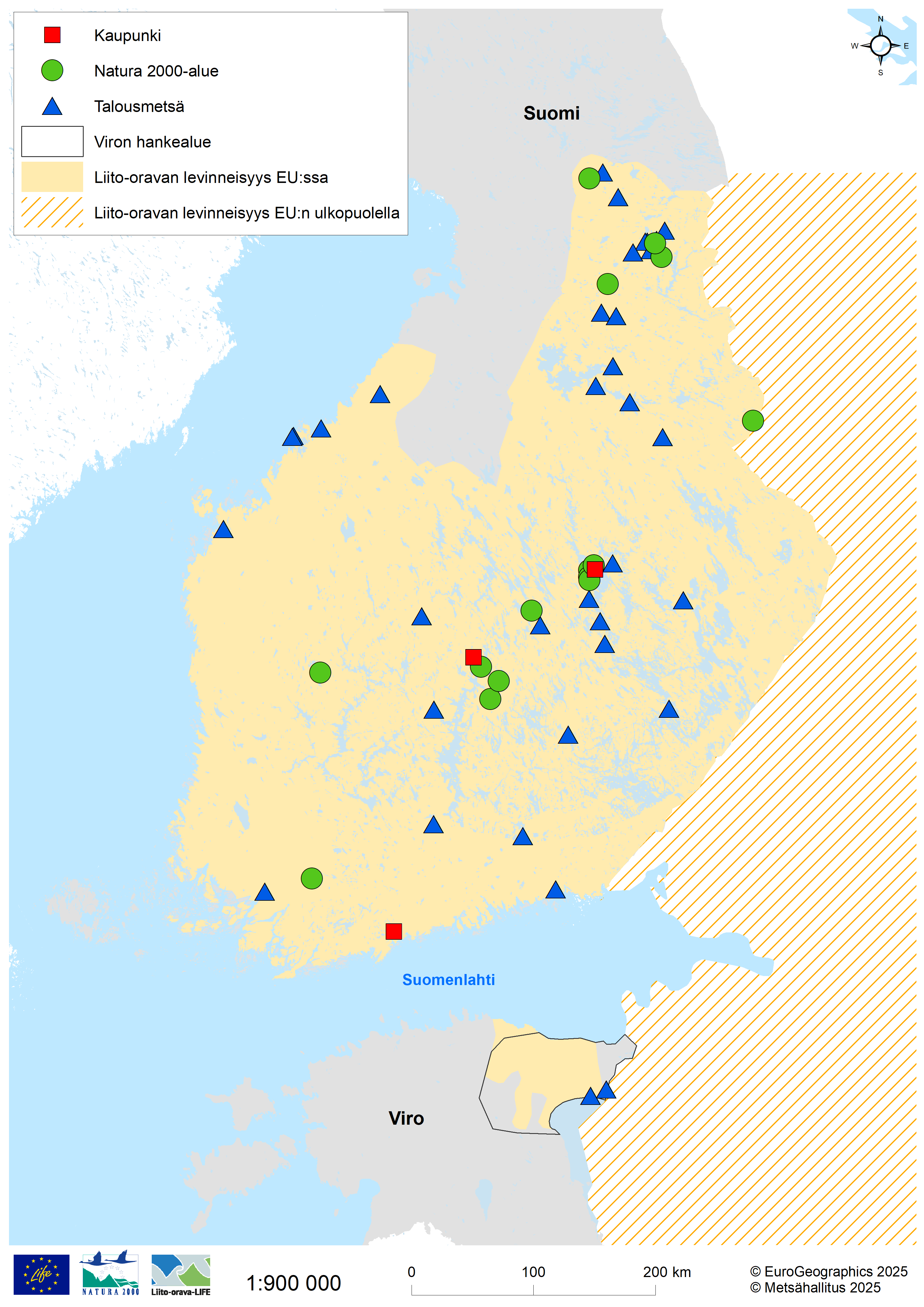 Karttaan on merkitty liito-oravahankkeen yli 50 kohdetta sekä esiintymisalueet. Suomessa lajia on lännessä Pohjois-Pohjanmaan etelärajalle ja idässä Kainuun ja Koillismaan rajalle, virossa koillisessa.