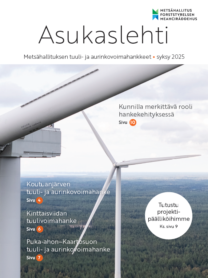 Lehden kansi, jossa on nostoja aiheista ja tuulivoimala metsän yllä.