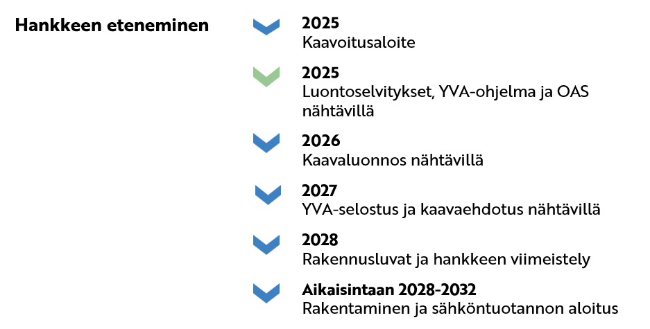 2025 Kaavoitusaloite 2025 Luontoselvitykset, YVA-ohjelma ja OAS nähtävillä 2026 Kaavaluonnos nähtävillä 2027 YVA-selostus ja kaavaehdotus nähtävillä 2028 Rakennusluvat ja hankkeen viimeistely Aikaisintaan 2028-2032 Rakentaminen ja sähköntuotannon aloitus