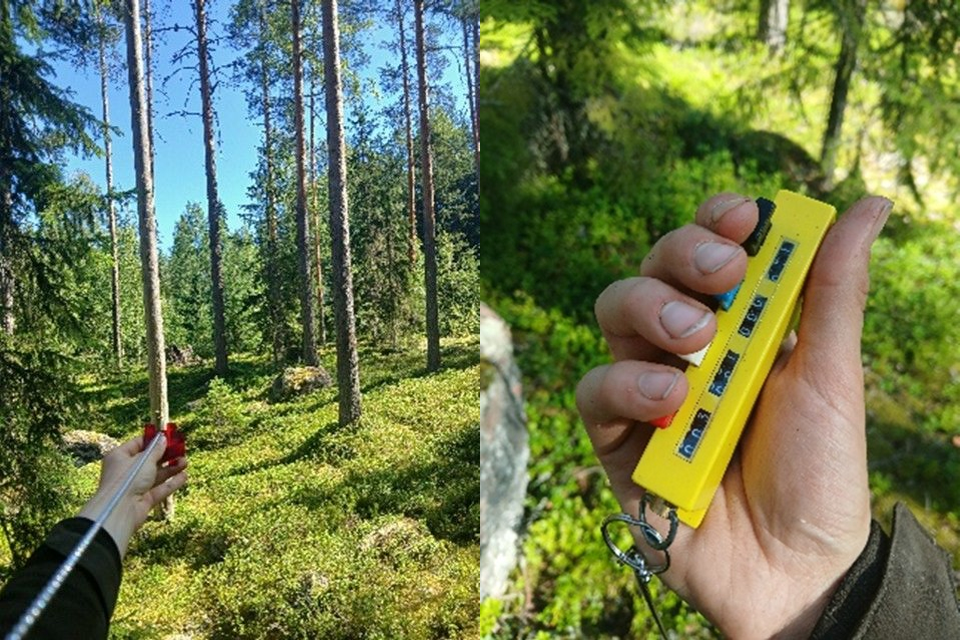 Vasemmalla relaskooppi, oikealla käsilaskin.