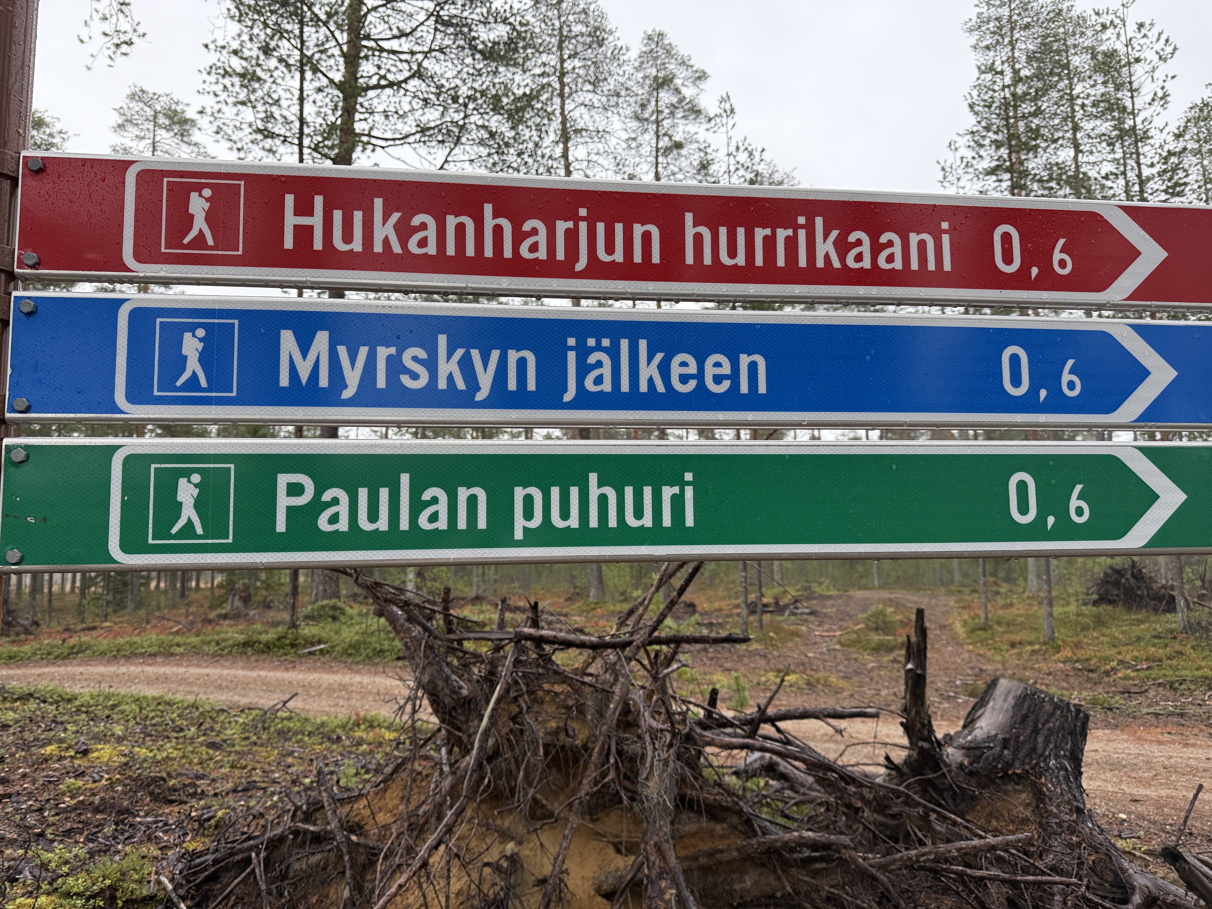 Maastokyltti, jossa lukee: Hukanhaukan hurrikaani o,6 Myrskyn jälkeen 0,6 Paulan puhuri 0,6