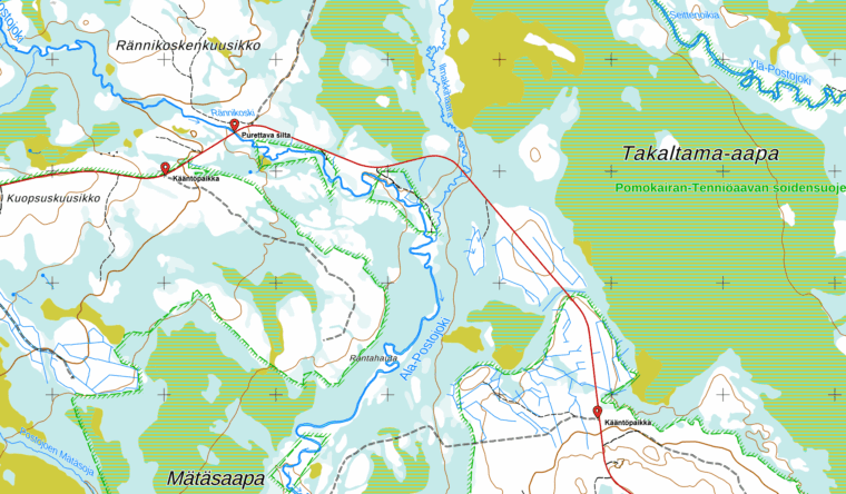 Kartta purettavan sillan sijainnista Sodankylän Ala-Postojoella.