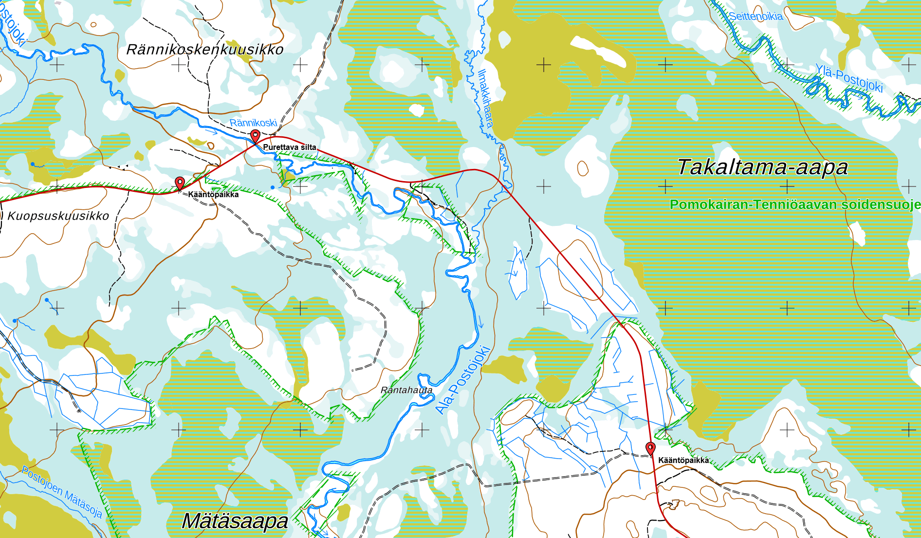 Kartta purettavan sillan sijainnista Sodankylän Ala-Postojoella.