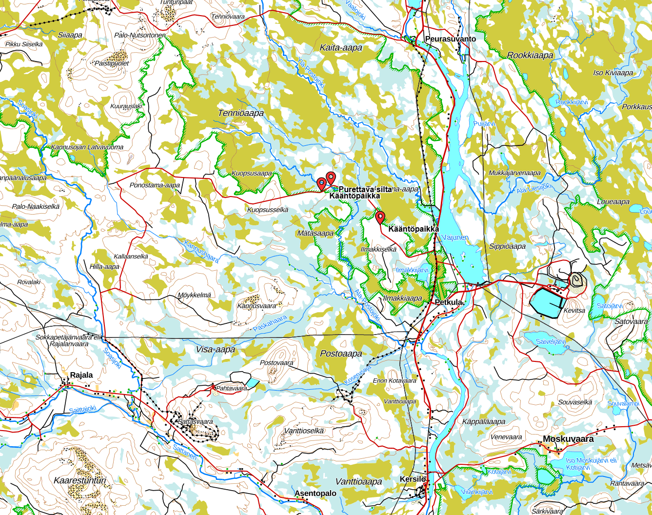 Kartta purettavan sillan sijainnista.