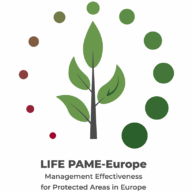 LIFE PAME-Europe -hankkeen tunnuksessa on lehtipuu ja teksti Management Effectiveness for Protected Areas in Europe.