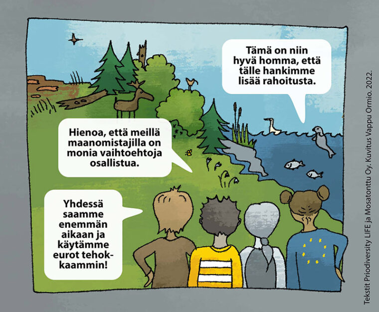 Piirroskuvassa neljä henkilöä katsoo monimuotoista maisemaa ja sen eläimiä. Puhekuplissa lukee: Hienoa, että meillä maanomistajilla on monia vaihtoehtoja osallistua. Yhdessä saamme enemmän aikaan ja käytämme eurot tehokkaimmin. Tämä on niin hyvä homma, että tälle hankimme lisää rahoitusta.
