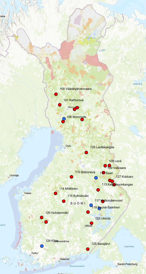 Suomen kartta jossa palloilla ja nimillä merkitty myyntierien paikat.