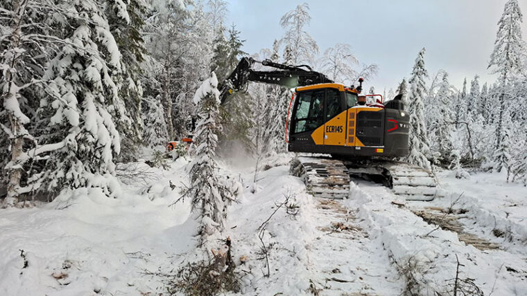 Kaivuri lumisessa mets&auml;ss&auml;.