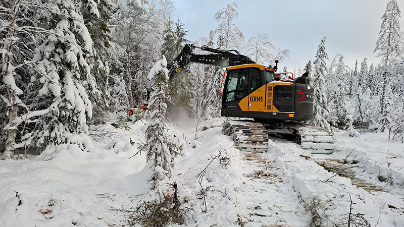 Kaivuri lumisessa metsässä.