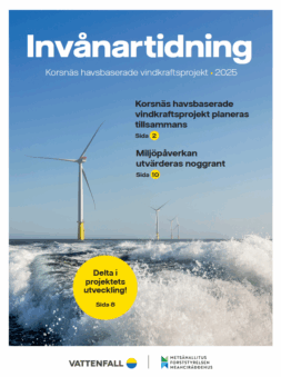 Bild på omslaget till invånartidningen med vindkraftverk till havs och några lyft från tidningens teman.