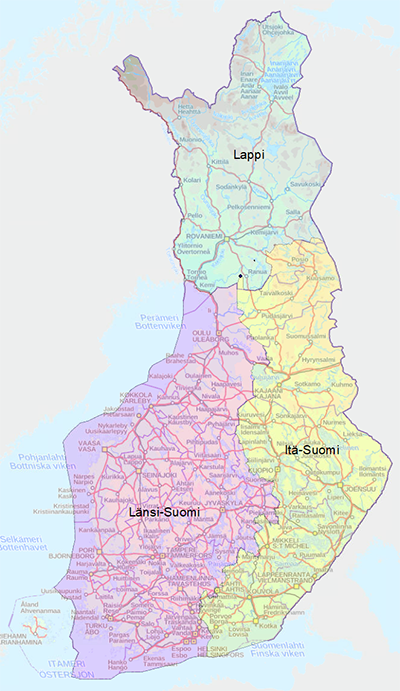 Karta över Finland med markerade teamgränser för Naturtjänster.