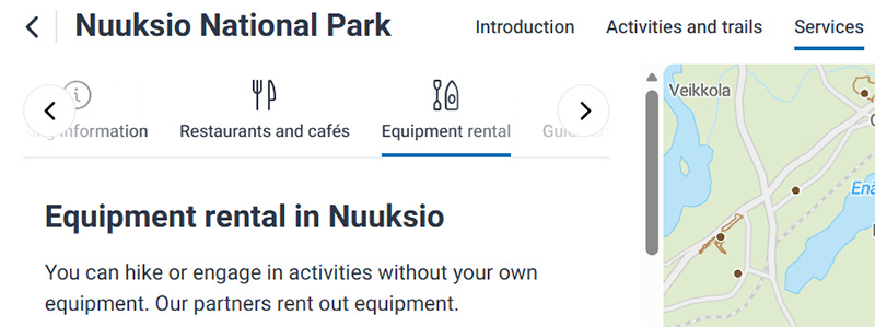 The screenshot shows the location of various services on the Nuuksio National Park presentation page.