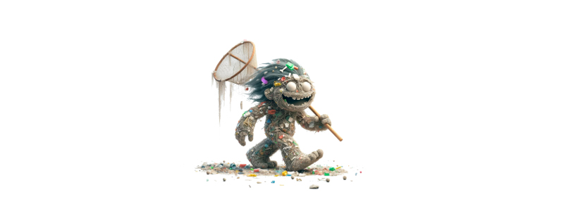 The illustration shows a troll made of litter, carrying a net over its shoulder.